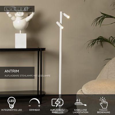 Lucide ANTRIM - wiederaufladbare Stehlampe Mit Leselampe Innen/Außen - Akku/Batterie - LED Dim. - 2x2,2W 2700K - IP54 - Mit kabelloser Ladestation - Weiß